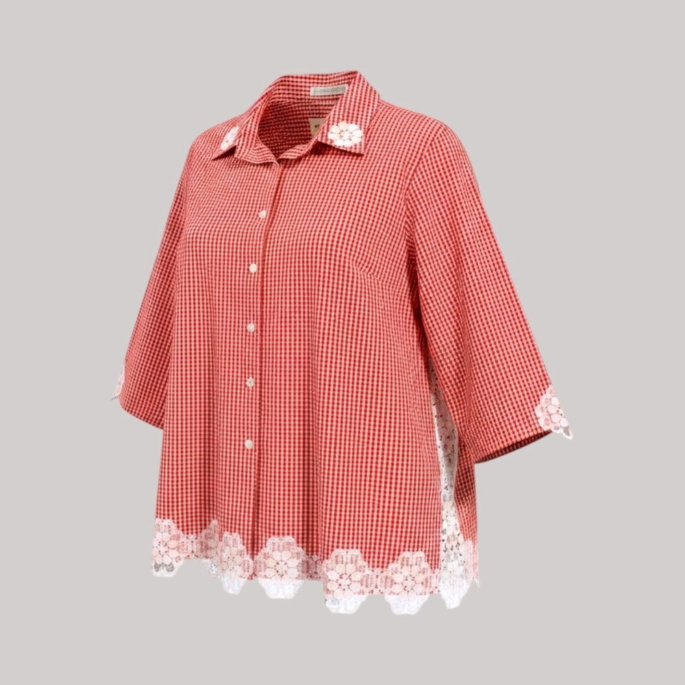 Rare Vintage Orvis Shirt Women 12 Red Gingham Lace Trim Cottagecore Picnic Top
